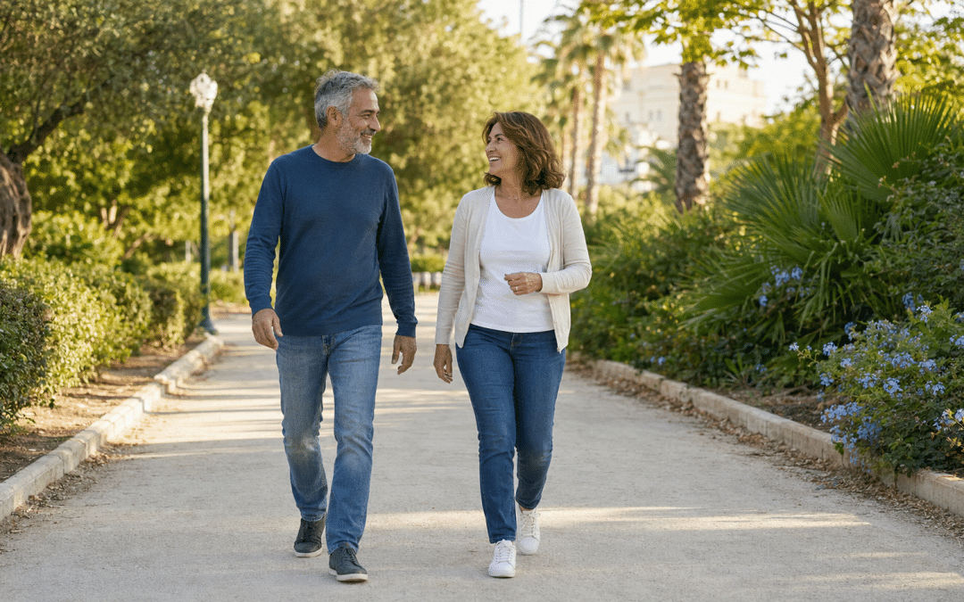 Pareja caminando cada día por un parque