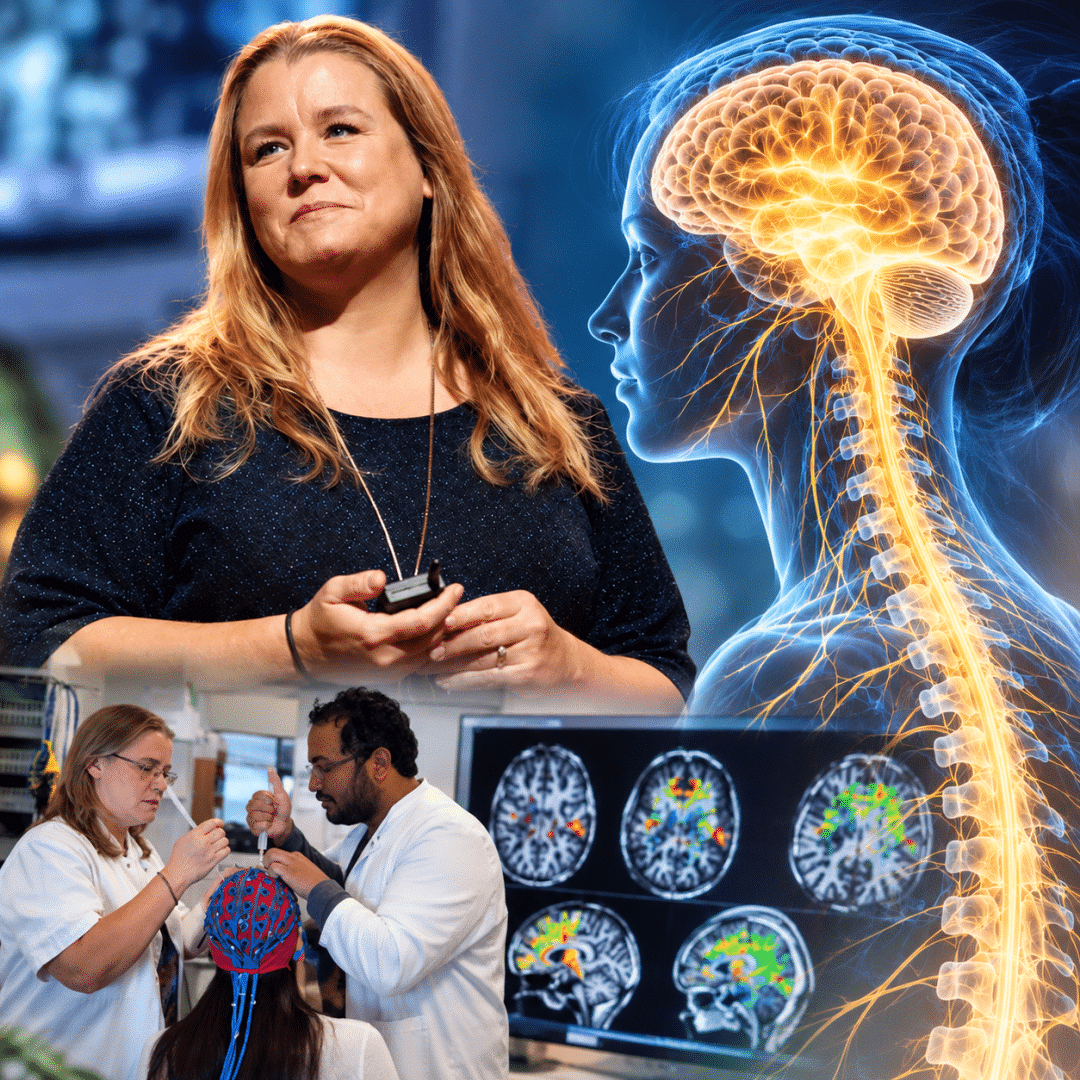 Montaje sobre investigación quiropráctica con una ponente, pruebas de actividad cerebral e ilustración del sistema nervioso.