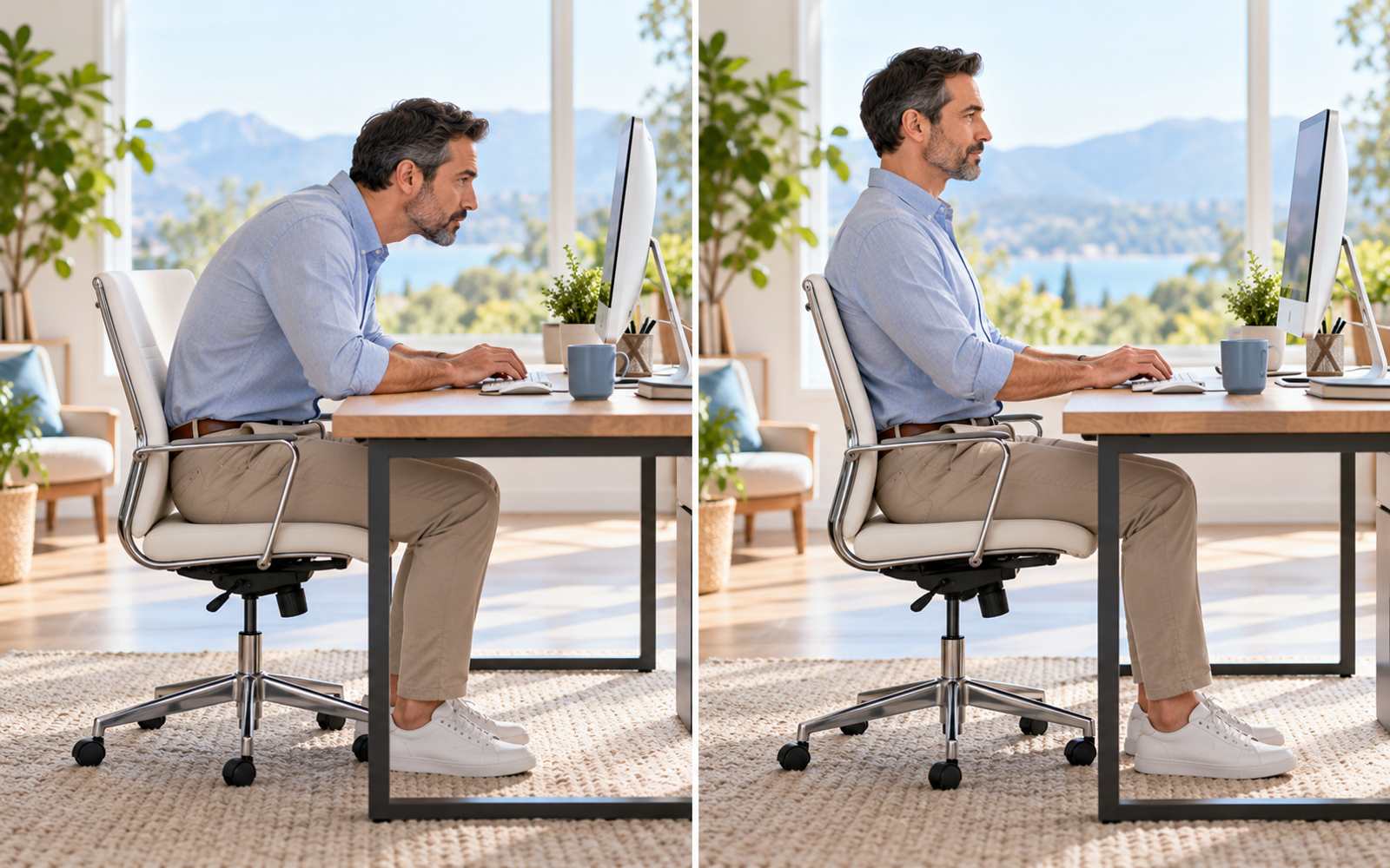 Comparación de postura al trabajar sentado: cabeza adelantada y postura equilibrada